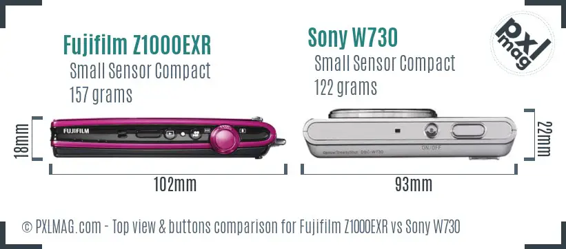 Fujifilm Z1000EXR vs Sony W730 top view buttons comparison