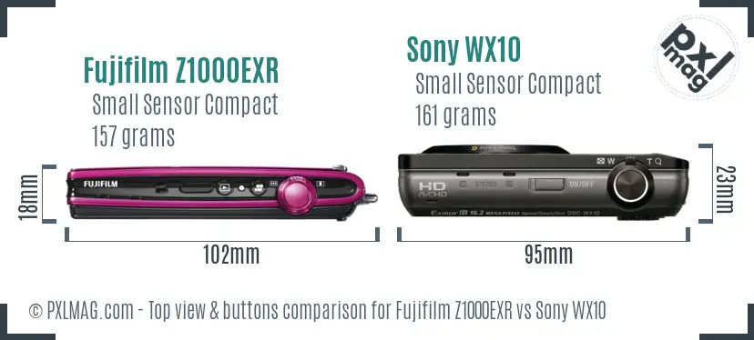 Fujifilm Z1000EXR vs Sony WX10 top view buttons comparison Fujifilm Z1000EXR vs Sony WX10 top view buttons comparison