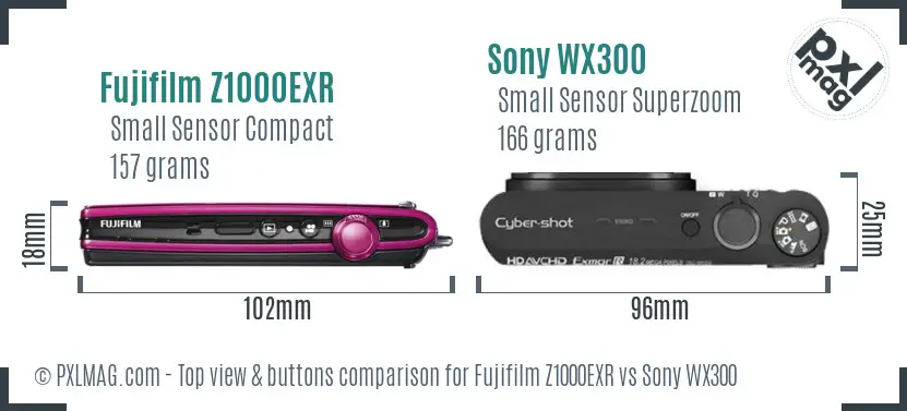 Fujifilm Z1000EXR vs Sony WX300 top view buttons comparison Fujifilm Z1000EXR vs Sony WX300 top view buttons comparison