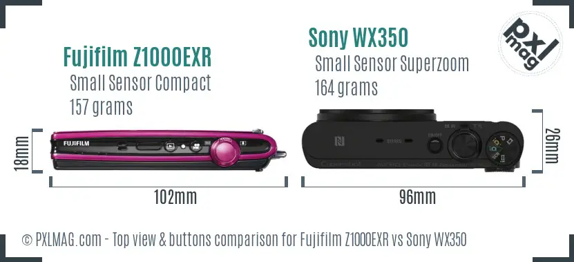 Fujifilm Z1000EXR vs Sony WX350 top view buttons comparison Fujifilm Z1000EXR vs Sony WX350 top view buttons comparison