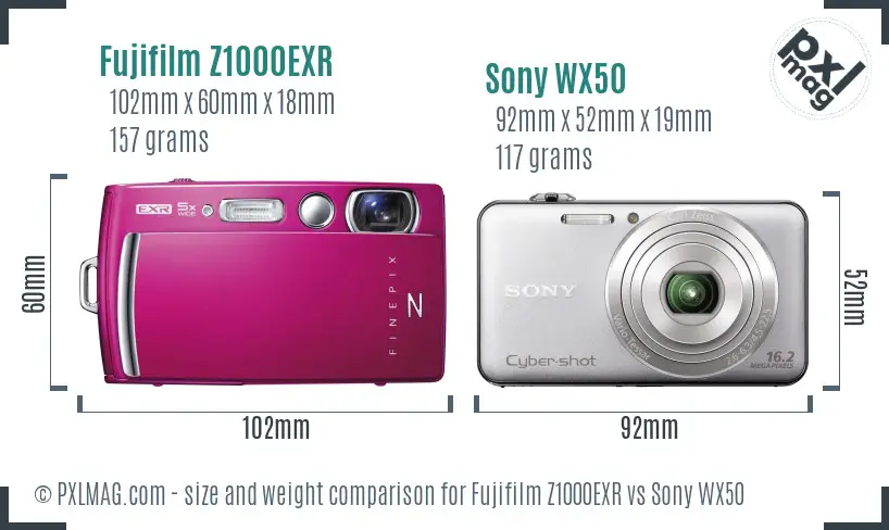 Fujifilm Z1000EXR vs Sony WX50 size comparison