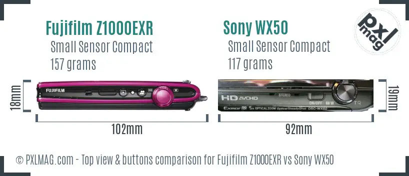 Fujifilm Z1000EXR vs Sony WX50 top view buttons comparison