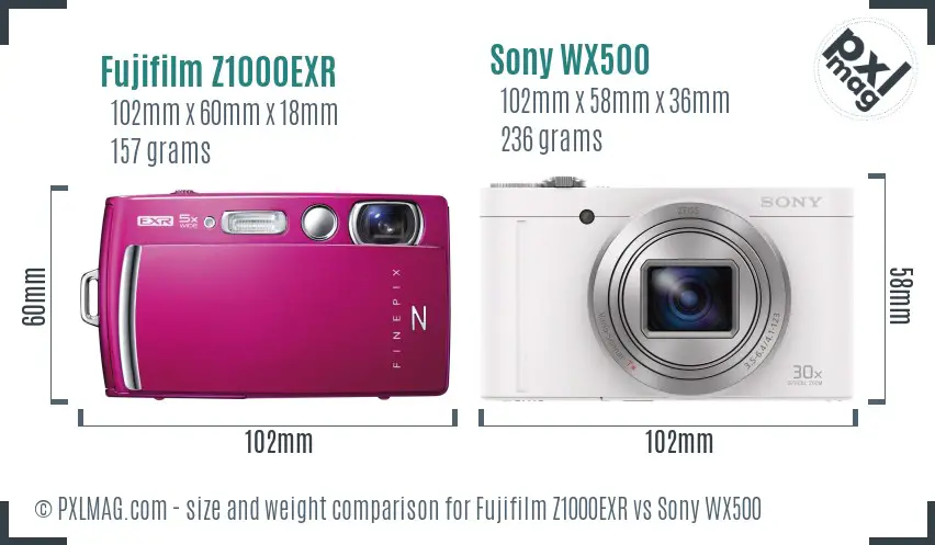 Fujifilm Z1000EXR vs Sony WX500 size comparison