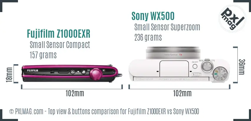 Fujifilm Z1000EXR vs Sony WX500 top view buttons comparison