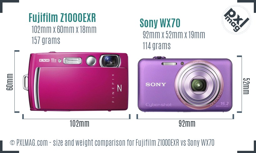 Fujifilm Z1000EXR vs Sony WX70 size comparison