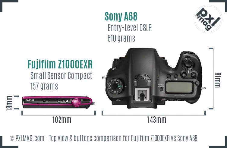 Fujifilm Z1000EXR vs Sony A68 top view buttons comparison
