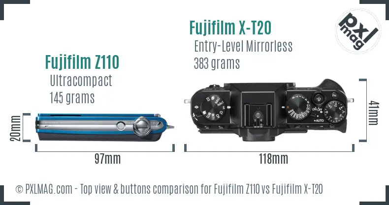 Fujifilm Z110 vs Fujifilm X-T20 top view buttons comparison