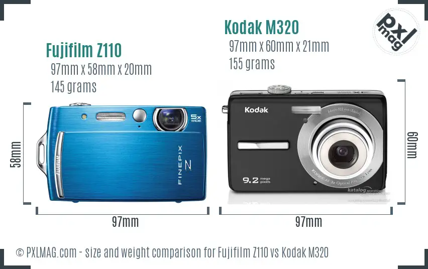 Fujifilm Z110 vs Kodak M320 size comparison