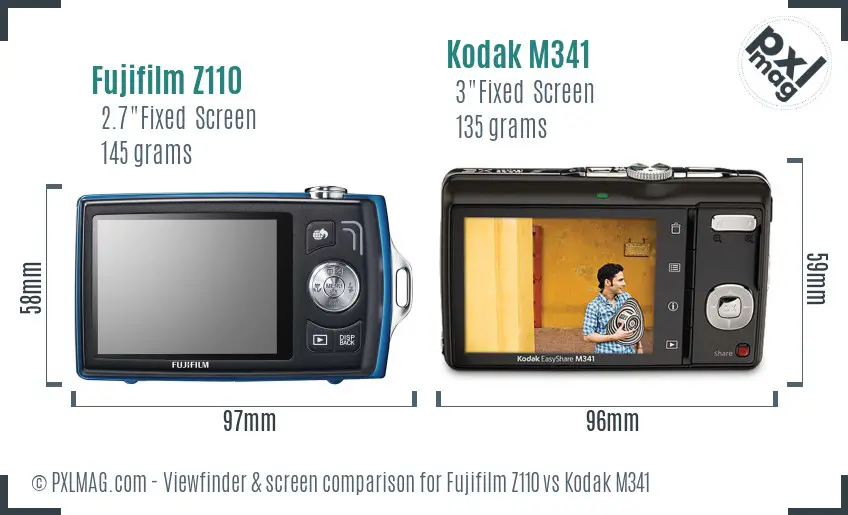 Fujifilm Z110 vs Kodak M341 Screen and Viewfinder comparison