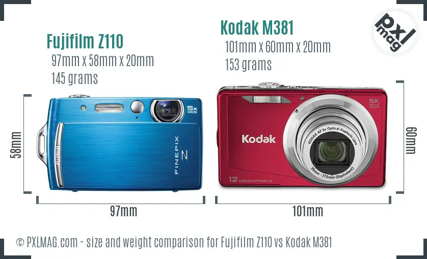 Fujifilm Z110 vs Kodak M381 size comparison