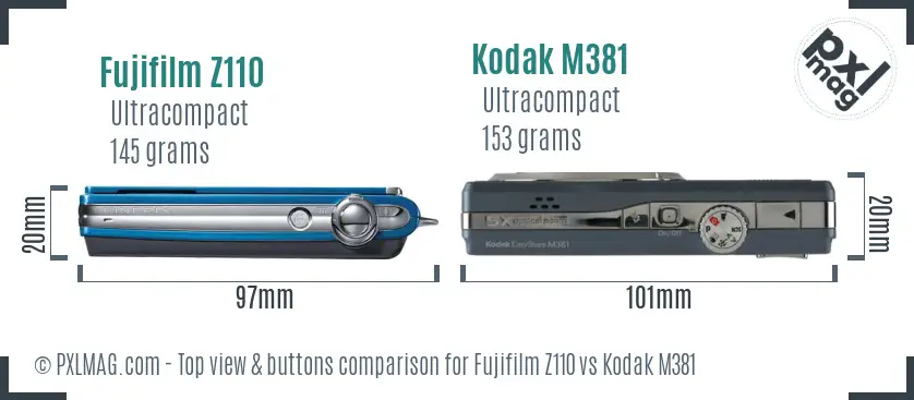 Fujifilm Z110 vs Kodak M381 top view buttons comparison