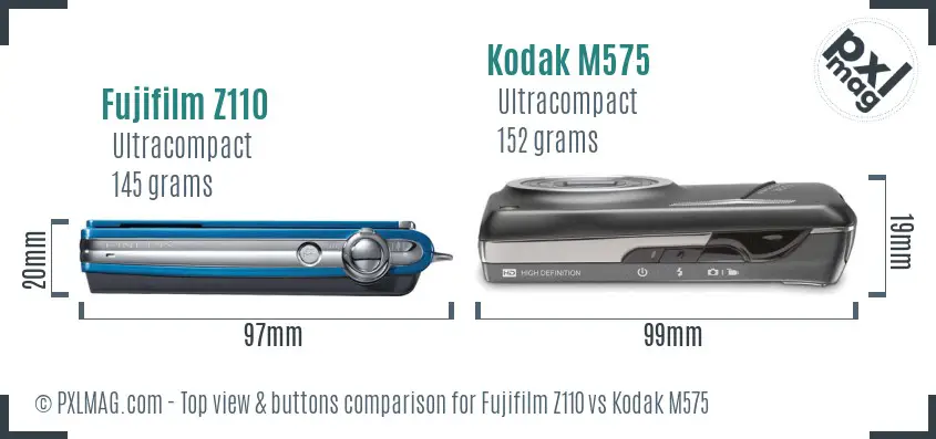 Fujifilm Z110 vs Kodak M575 top view buttons comparison
