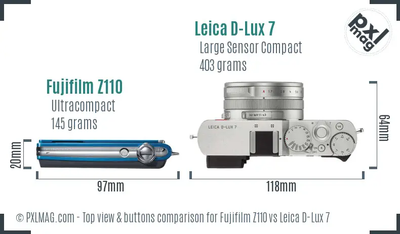 Fujifilm Z110 vs Leica D-Lux 7 top view buttons comparison
