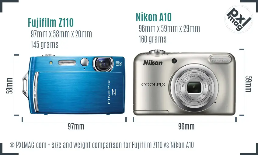 Fujifilm Z110 vs Nikon A10 size comparison