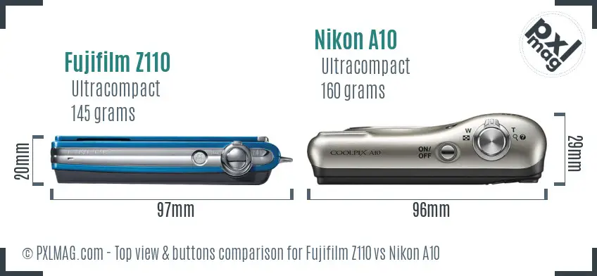 Fujifilm Z110 vs Nikon A10 top view buttons comparison