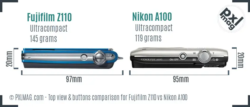 Fujifilm Z110 vs Nikon A100 top view buttons comparison