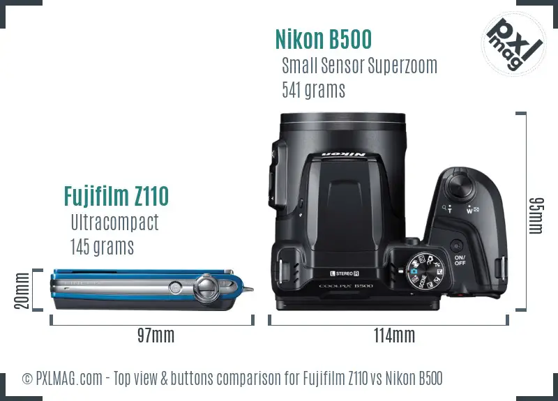 Fujifilm Z110 vs Nikon B500 top view buttons comparison