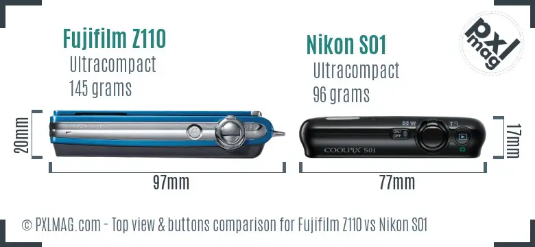 Fujifilm Z110 vs Nikon S01 top view buttons comparison