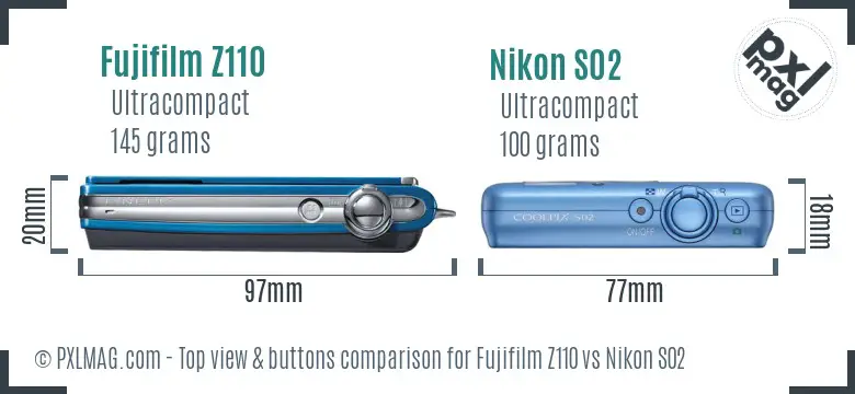 Fujifilm Z110 vs Nikon S02 top view buttons comparison
