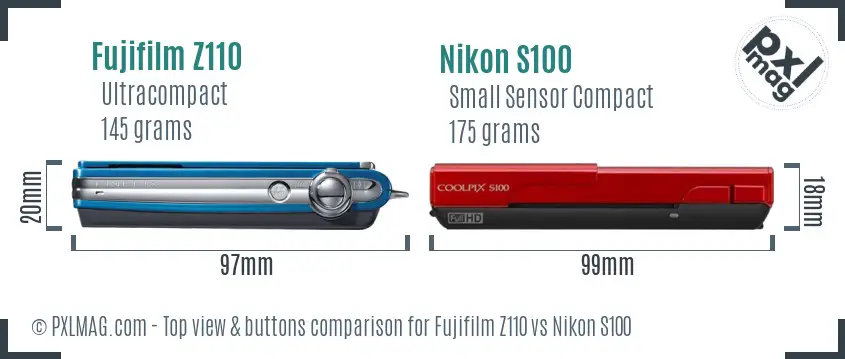 Fujifilm Z110 vs Nikon S100 top view buttons comparison