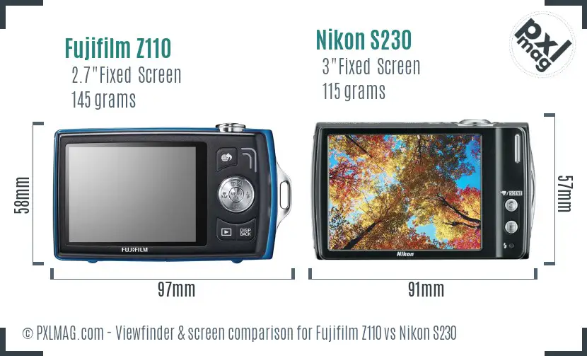 Fujifilm Z110 vs Nikon S230 Screen and Viewfinder comparison