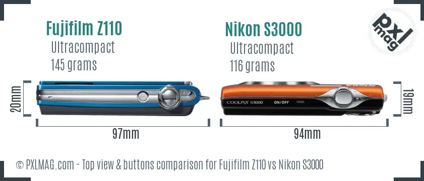 Fujifilm Z110 vs Nikon S3000 top view buttons comparison