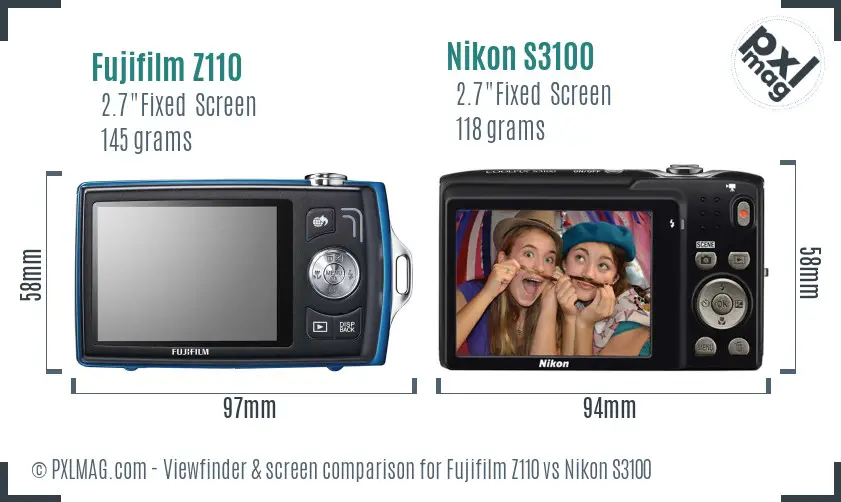 Fujifilm Z110 vs Nikon S3100 Screen and Viewfinder comparison