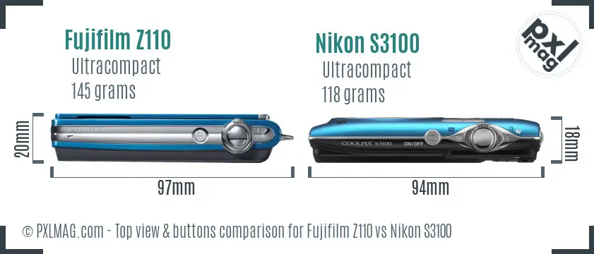 Fujifilm Z110 vs Nikon S3100 top view buttons comparison