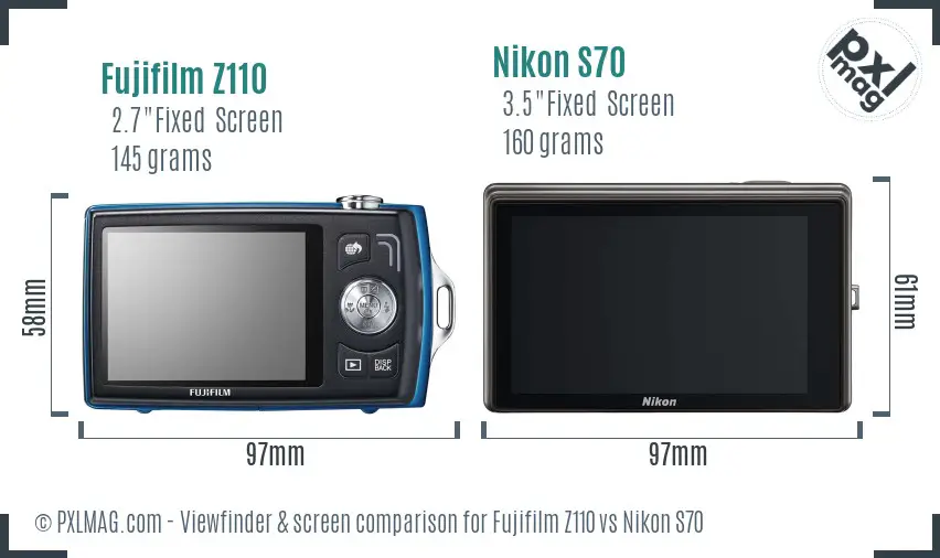 Fujifilm Z110 vs Nikon S70 Screen and Viewfinder comparison