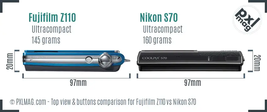 Fujifilm Z110 vs Nikon S70 top view buttons comparison