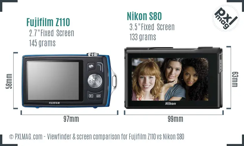 Fujifilm Z110 vs Nikon S80 Screen and Viewfinder comparison