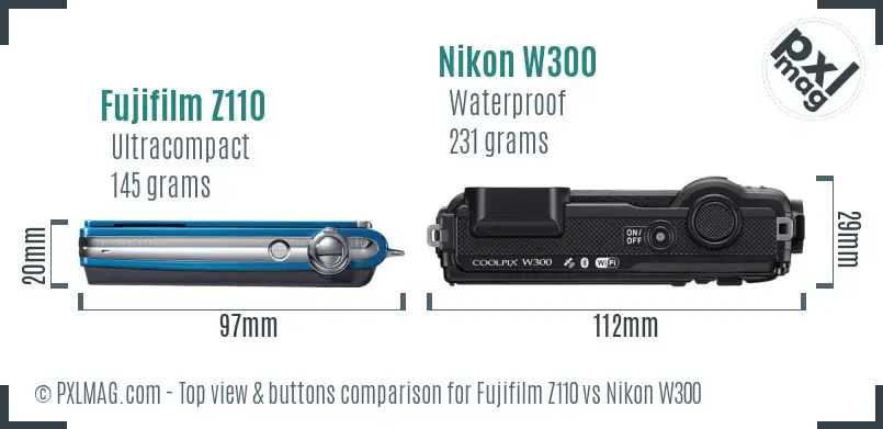 Fujifilm Z110 vs Nikon W300 top view buttons comparison