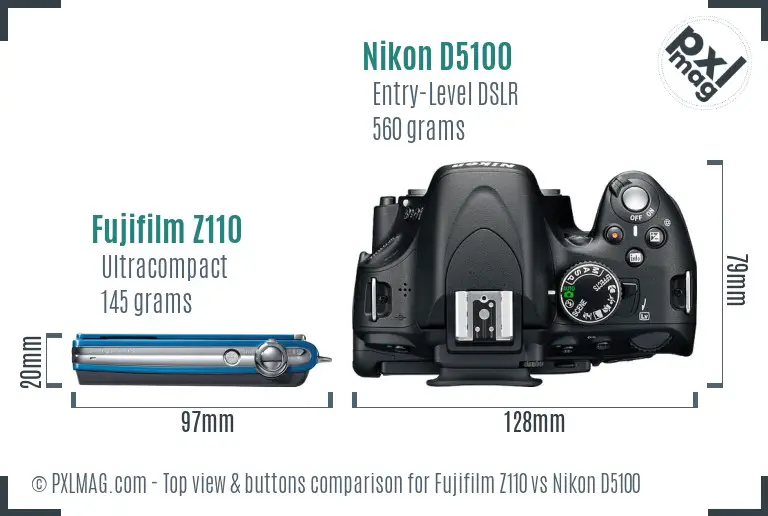 Fujifilm Z110 vs Nikon D5100 top view buttons comparison