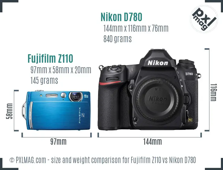 Fujifilm Z110 vs Nikon D780 size comparison