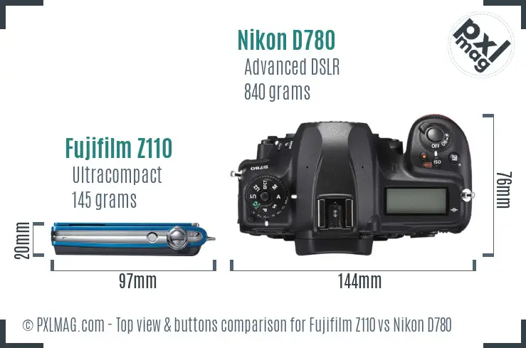 Fujifilm Z110 vs Nikon D780 top view buttons comparison