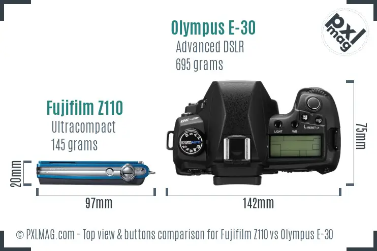 Fujifilm Z110 vs Olympus E-30 top view buttons comparison