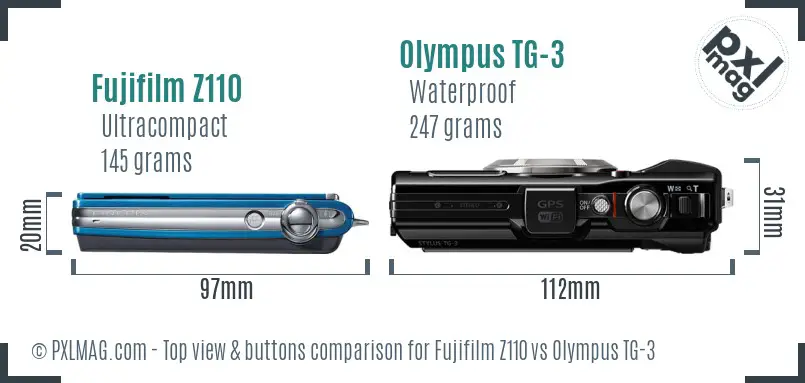 Fujifilm Z110 vs Olympus TG-3 top view buttons comparison
