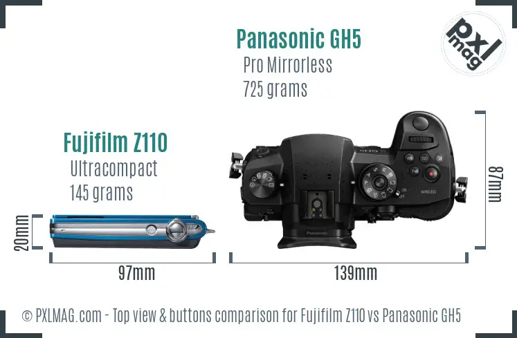 Fujifilm Z110 vs Panasonic GH5 top view buttons comparison