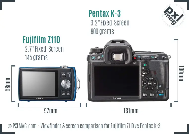 Fujifilm Z110 vs Pentax K-3 Screen and Viewfinder comparison