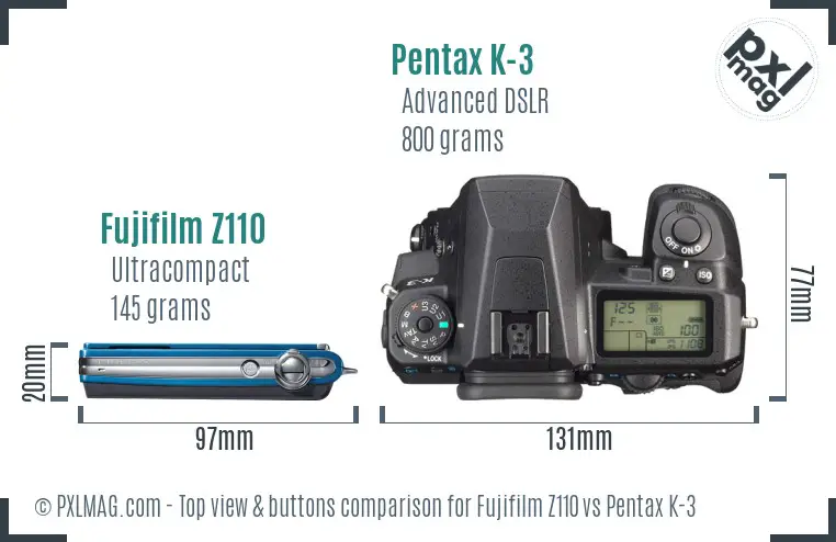Fujifilm Z110 vs Pentax K-3 top view buttons comparison