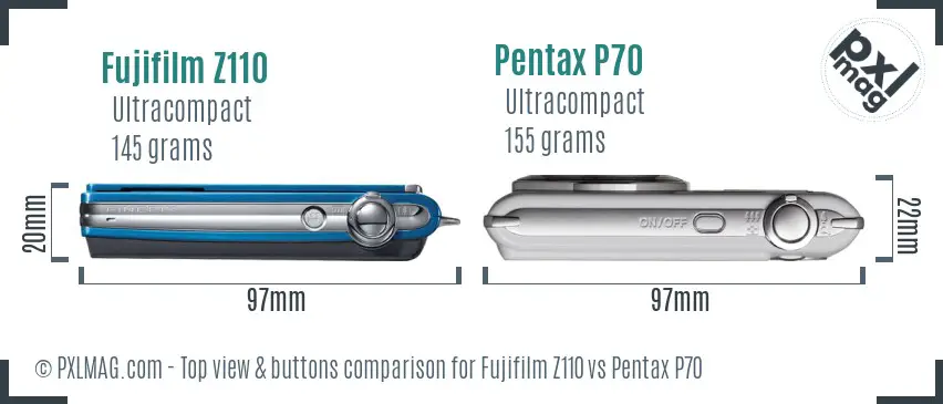 Fujifilm Z110 vs Pentax P70 top view buttons comparison
