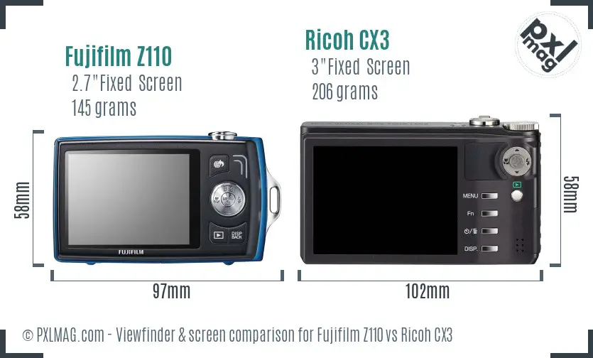 Fujifilm Z110 vs Ricoh CX3 Screen and Viewfinder comparison