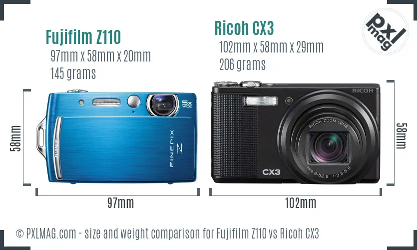 Fujifilm Z110 vs Ricoh CX3 size comparison