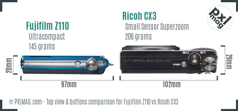 Fujifilm Z110 vs Ricoh CX3 top view buttons comparison