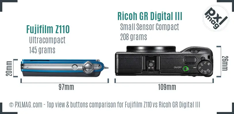 Fujifilm Z110 vs Ricoh GR Digital III top view buttons comparison