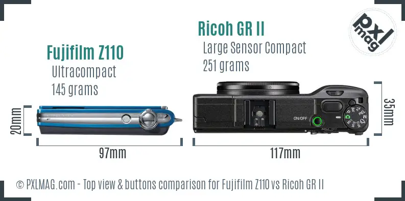 Fujifilm Z110 vs Ricoh GR II top view buttons comparison