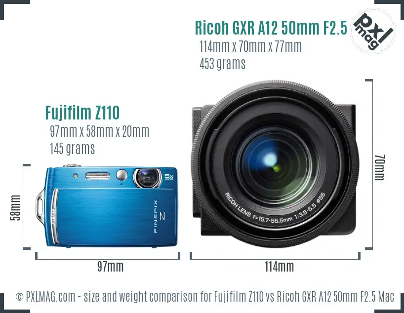 Fujifilm Z110 vs Ricoh GXR A12 50mm F2.5 Macro size comparison