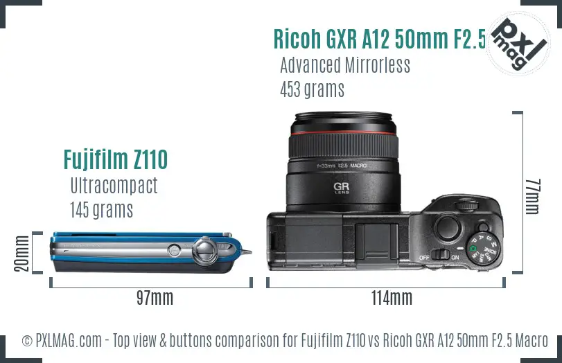 Fujifilm Z110 vs Ricoh GXR A12 50mm F2.5 Macro top view buttons comparison