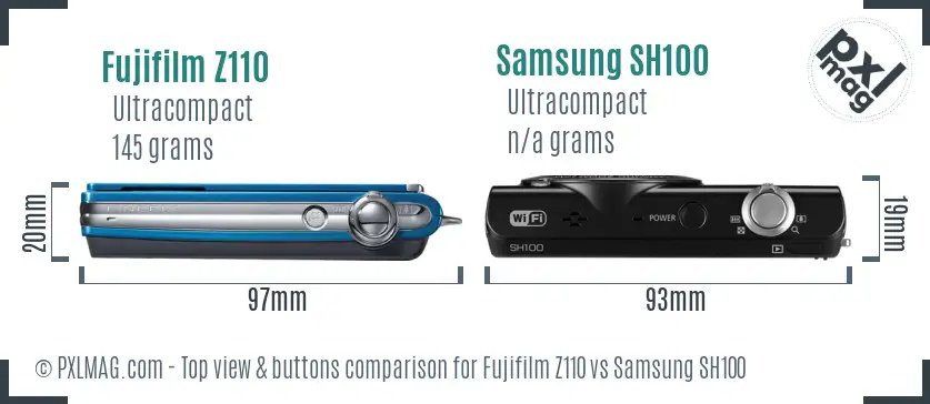 Fujifilm Z110 vs Samsung SH100 top view buttons comparison Fujifilm Z110 vs Samsung SH100 top view buttons comparison