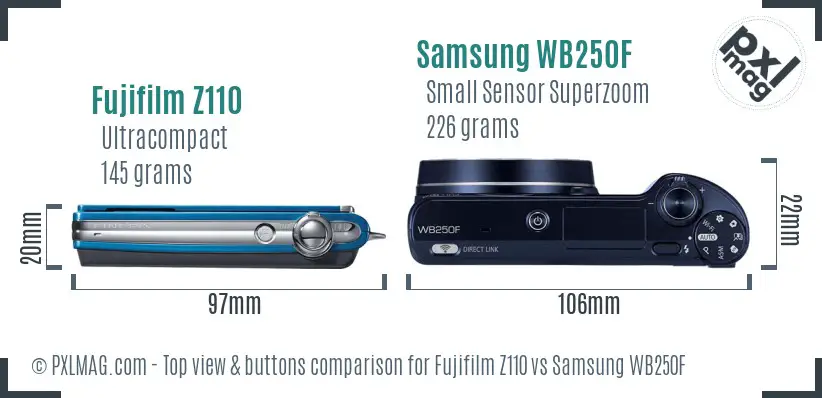 Fujifilm Z110 vs Samsung WB250F top view buttons comparison